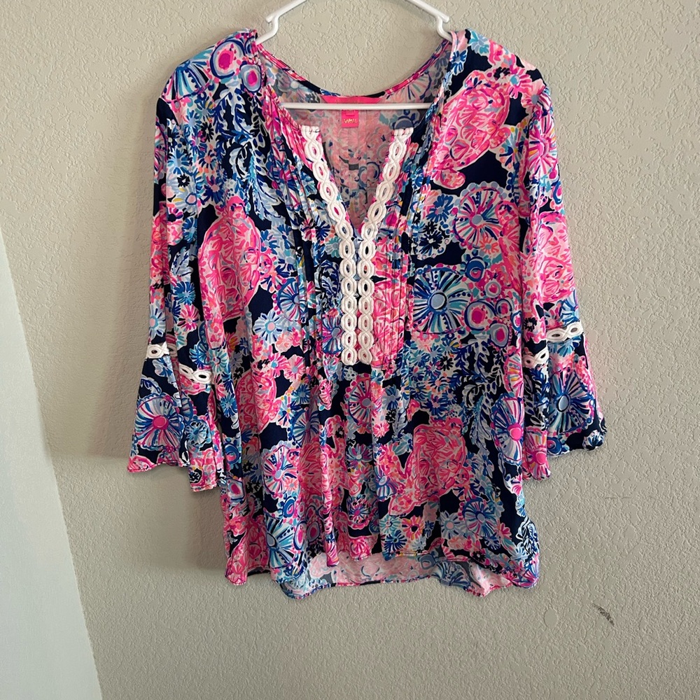 Lilly Pulitzer Pink and Blue Blouse with Lace Trim